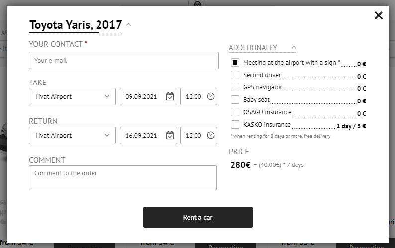 Car reservation on Sitngo