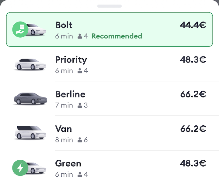 Bolt taxi prices from Nice Aeroport to Antibes