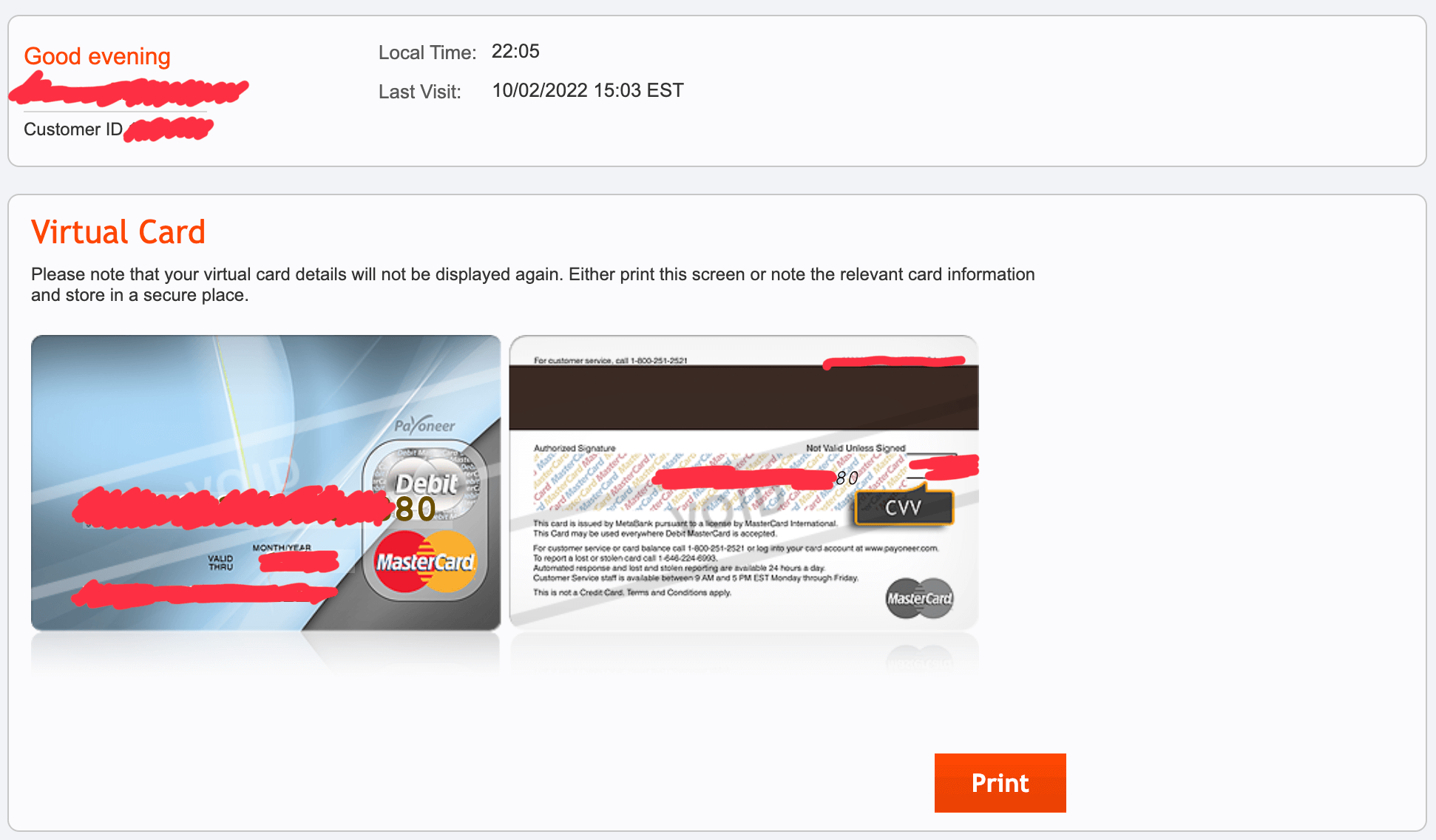 Payoneer card details page